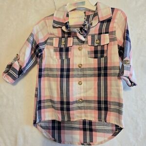 Girls Rule Plaid Button Down Shirt Dress with Scrunchie Pink Navy White Size 7/8